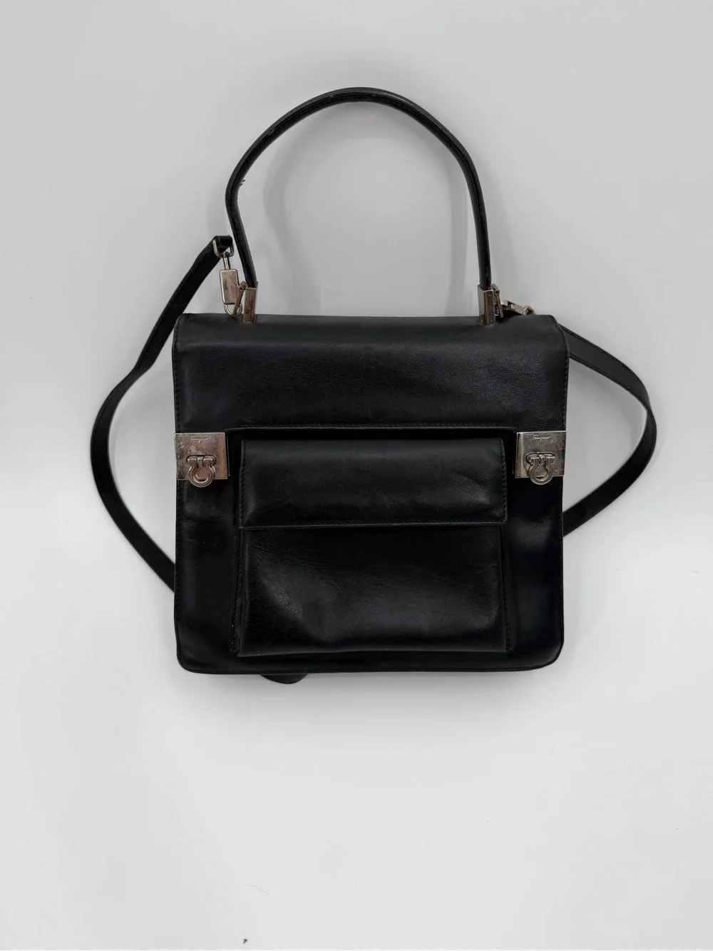 Vintage Salvatore Ferragamo Gancini Kelly Bag Black Leather Auth Papers